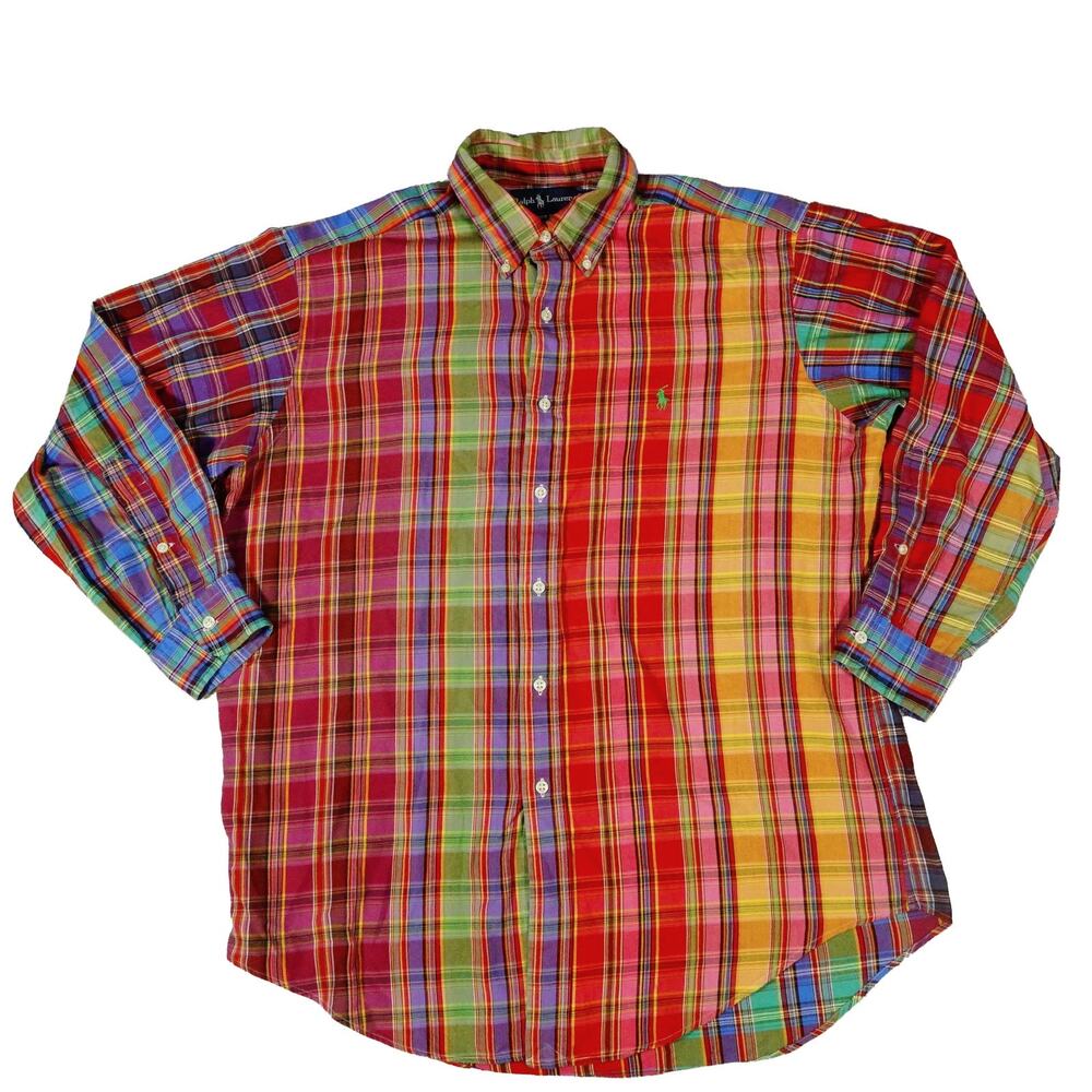 Ralph Lauren Y2K 90s Vintage Colorful Plaid Check Button Up Shirt Men's Large - Picture 1 of 6